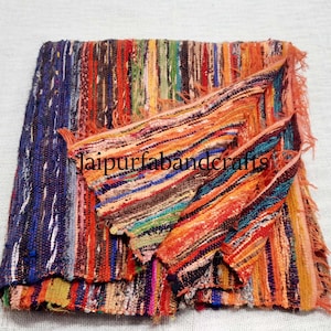 Chindi Rug Floor Mat Rug Reversible Mat Rug Indian Traditional Hand Stitched Hand-Woven Cotton Viatical Rug