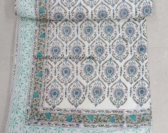 Reversible Floral Print Cotton Dohar: Indian Hand Block Quilted Blanket