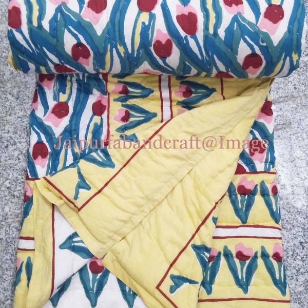 New Floral Print Kantha Quilt Hand Block Print Quilt Jaipuri Print Quilt Bohemian Cotton Quilt