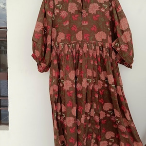 Floral Block Print Cotton Dress: Deep Neck Midi or Mini