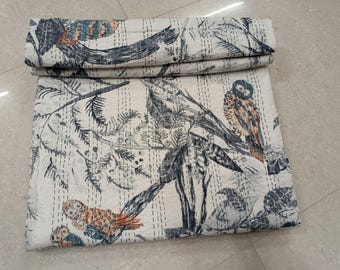 Owl Print Cotton Kantha Quilt: Handmade Bedspread Blanket (90x108 Inch)