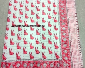 Indian Rabbit Print Baby Quilt: Hand-stitched Kantha Cotton Throw (40x40/40x60)
