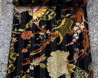 New Black Color Kantha Bed Cover handmade Bedspread Blanket California King Size  Quilt Multi Floral Comforter Quilt Bohemian Bed Cover