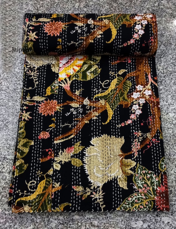New Black Color Kantha Bed Cover handmade Bedspread Blanket California King Size  Quilt Multi Floral Comforter Quilt Bohemian Bed Cover