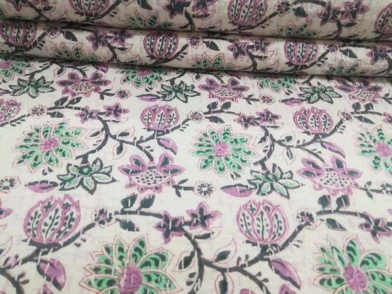 new-indian-floral-print-bed-cover-hand-block-print-kantha-etsy