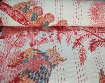 Owl Print Kantha Bedspread: Indian Handmade Cotton Blanket (90x108 Inch)