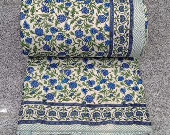 Hand Block Print Cotton Quilt: Reversible Kantha Throw, 108x108 Inch