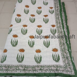 Hand Block Print Cotton Quilt: Reversible Kantha Throw