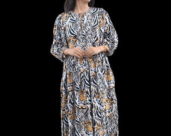 Vestido midi bohemio de algodón con estampado de cebra y tigre - Manga larga