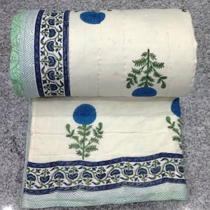 Indian Handmade Cotton Block Print Quilt Bedspread Blanket Throw Floral Print Quilt Soft Bed Cover Kantha Sofa Cover
