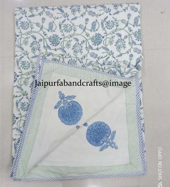 Hand Block Print Cotton Dohar: Reversible Indian Floral Blanket