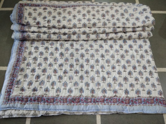 Indian Block Printed Cotton Quilt: Hand Quilted Kantha Bed Cover