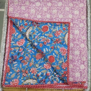 Hand Block Print Cotton Quilt: Reversible Floral Bed Spread (90&quot;X108&quot;)