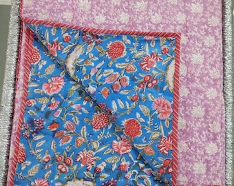 Hand Block Print Cotton Quilt: Reversible Floral Bed Spread (90"X108")