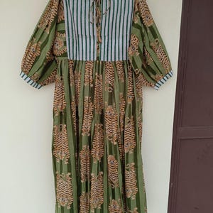 Tiger Block Print Midi Dress: Green Striped Cotton Sundress