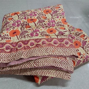 New orange floral print cotton quilt Hand made Cotton Quilt Block Print Quilt.