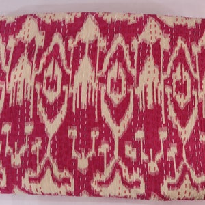 Pink Ikat Kantha Bed Cover: Handmade Cotton Blanket Throw (90x108 Inch)