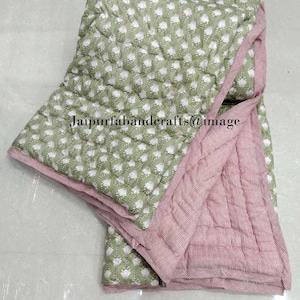 Handgemachte Grüne Floral Baumwolle Quilt: Block Print Kantha Tagesdecke