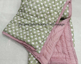 Handmade Green Floral Cotton Quilt: Block Print Kantha Bedspread