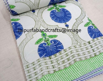 Blue Block Printed Cotton Dohar: Jaipuri Handmade Bedspread