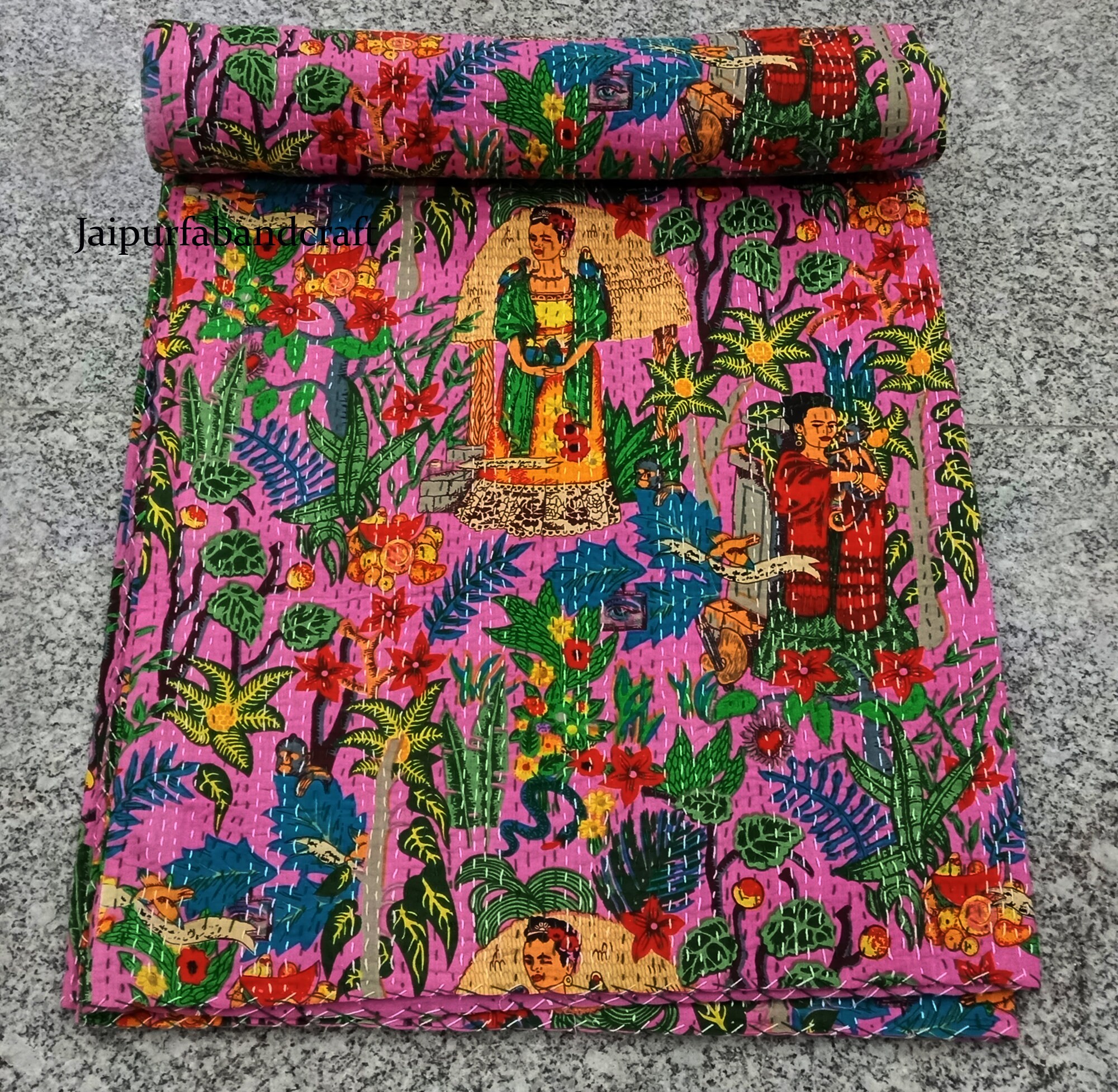thumbnail image 2 of Indian Kantha Quilted Throw - Pure Cotton Blanket, Large 70x50 Inch - Frida Kahlo Art Deco Sofa Throw 2 of 6