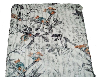 Owl Print Kantha Bed Cover: Handmade Indian Cotton Quilt (90x108 Inch)