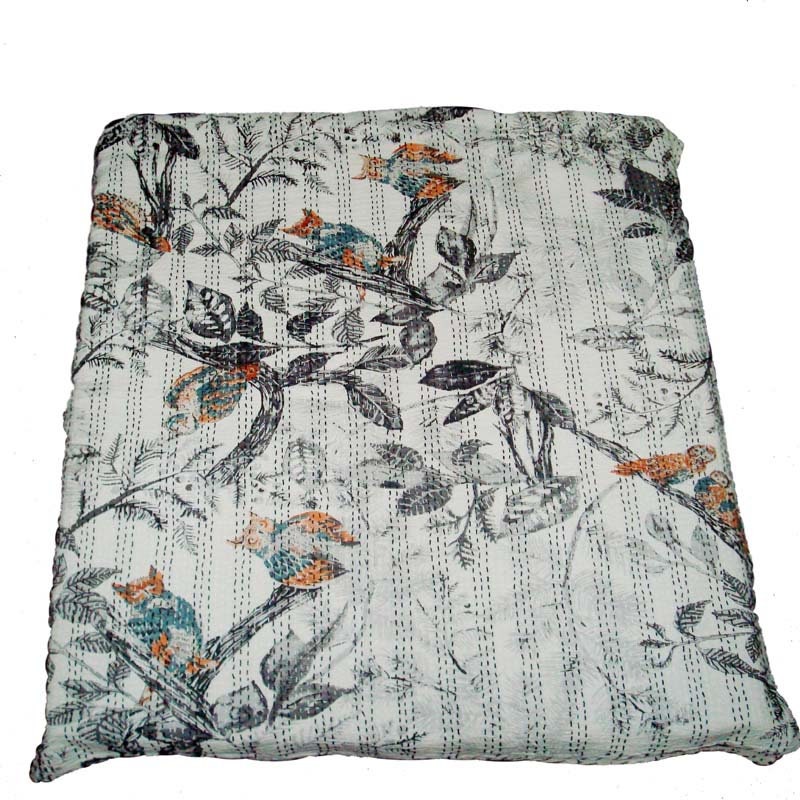 Owl Print Kantha Bed Cover: Handmade Indian Cotton Quilt (90x108 Inch)