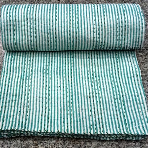 New Handmade Block Print Kantha Bed Cover Strep Print Bed Covedr Kantha Quilt Hand Print Blanket Throw Vintage  Bedspread Throw