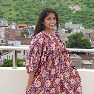 Floral Long Block Print Dress, Midi Dress, Mini Dress, Deep Neck with string closer
