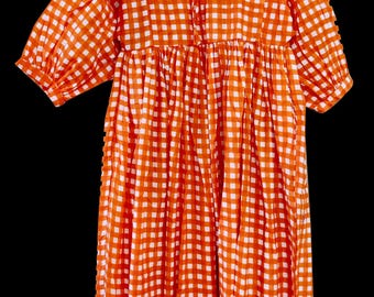 Vestido de algodón a cuadros naranjas, vestido de verano con estampado a mano