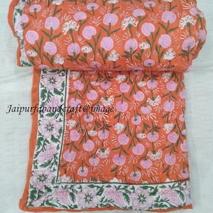 Floral Print Quilted Reversible  Blanket, Indian Decorative Cotton Winter Quilt,Jaipuri Cotton Rajai