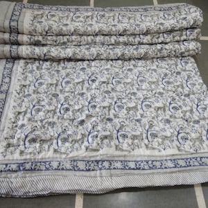 New Indian Block Printed Jaipuri Quilt, Blanket, Kantha Bed Cover, Throw, Hand Quilted Comforter  Cotton, Reversible Quilt Dohar