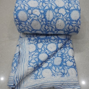 Colchón azul de algodón hecho a mano Edredón de algodón indio bloque de mano Edredón de impresión