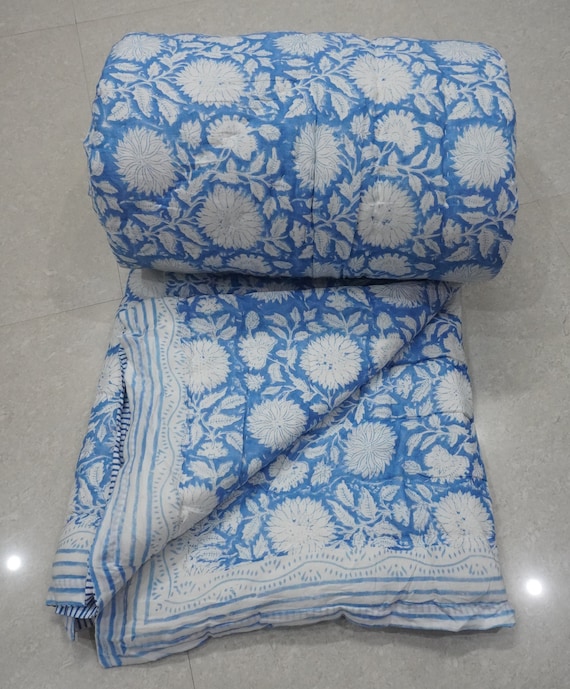 Cotton Blue Quilt Handmade Cotton Quilt Indian Hand Block Etsy