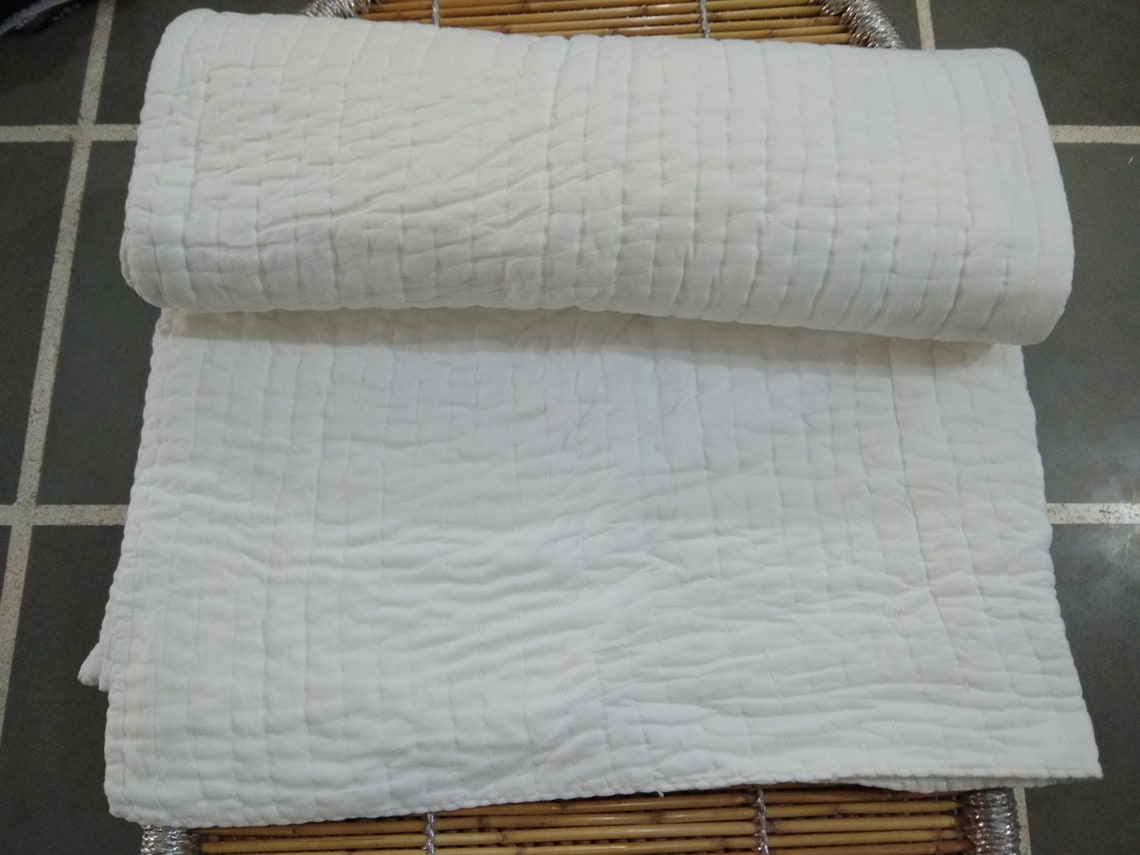White Handmade Cotton Kantha Quilt Jaipuri Cotton White Quilt Etsy