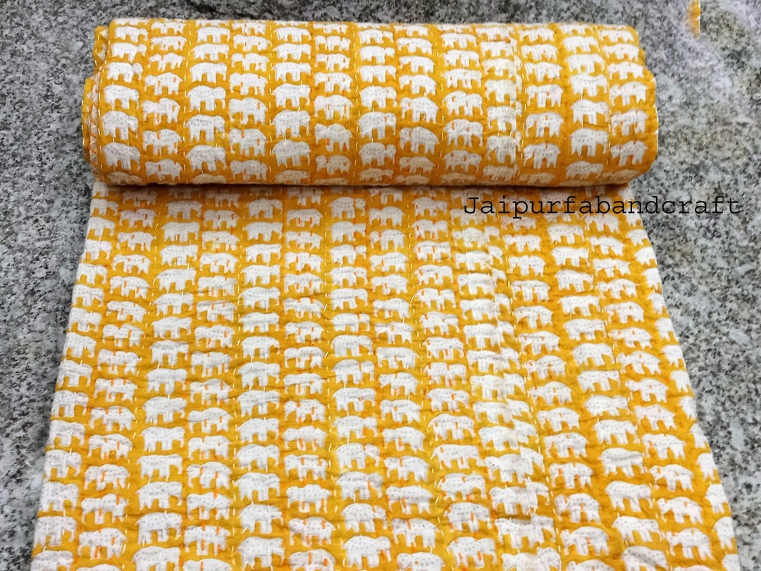 Yellow Elephant Print Kantha Bed Cover Kantha Quilt Block - Etsy