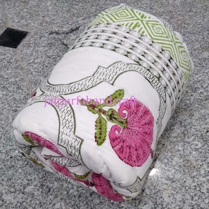 Hand Block Printed Jaipur Razai Quilt: Lightweight Cotton Voile, Pink Floral