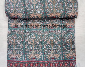 Reversible Cotton Quilt: Floral Hand Block Print Indian Blanket