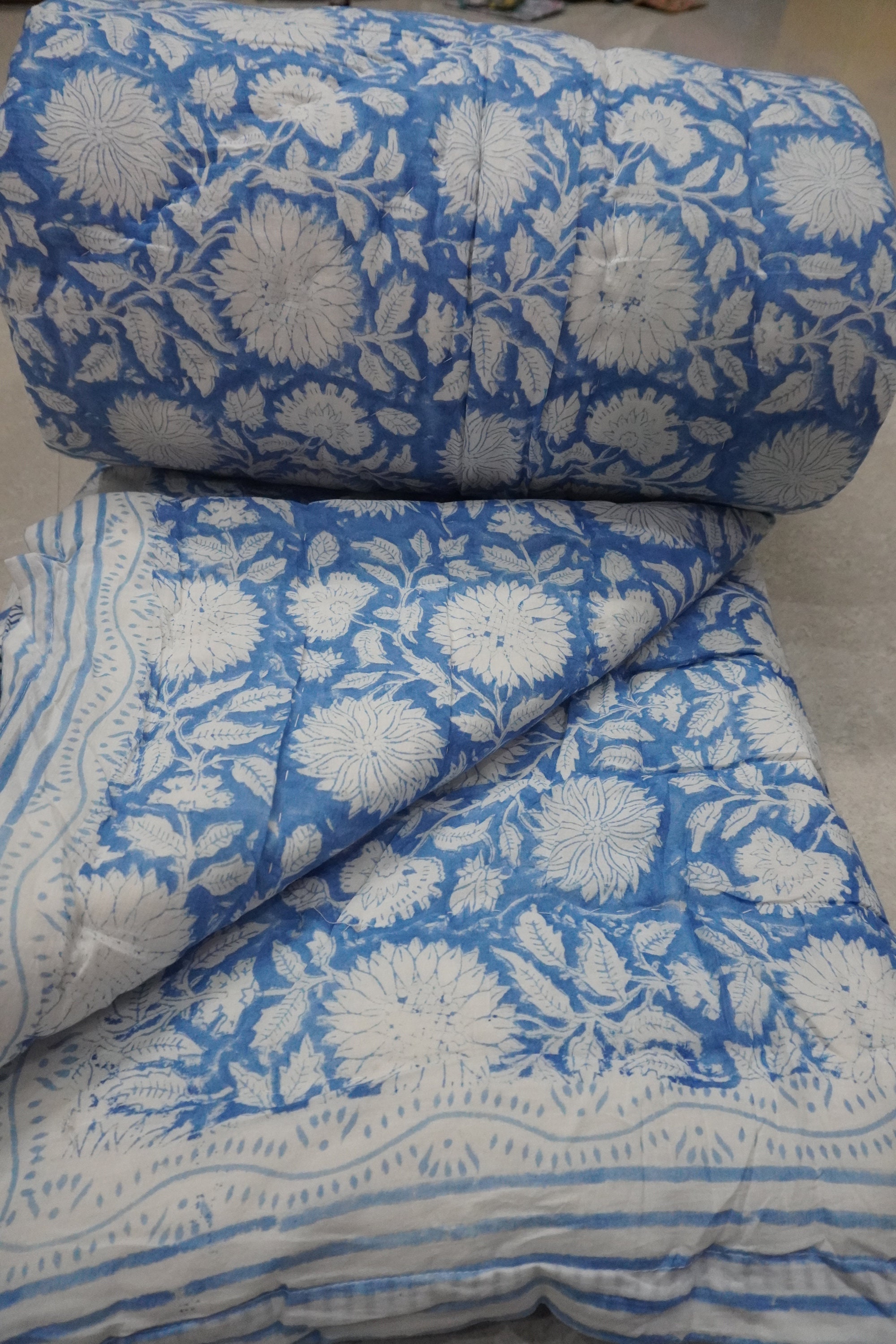 Cotton Blue Quilt Handmade Cotton Quilt Indian Hand Block Etsy