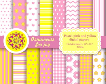 May include: A set of 16 digital papers in pastel pink and yellow with various patterns, including stars, hearts, stripes, polka dots, and gingham. The papers are 12 inches by 12 inches and 300 dpi. The text "Ornaments for joy" is displayed on a pink banner.