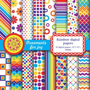 Coloré, couleur vive, arc-en-ciel, album, papiers numériques, motifs, rayures, rectangles, damier, fleurs, triangles, chevron, points, écailles