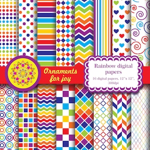 Coloré, couleur vive, papiers numériques arc-en-ciel, rayures, chevron, damier, lignes en grille diagonale, rectangles arc-en-ciel, vagues, tourbillons, points
