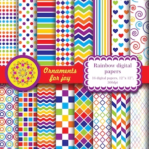 Colorful, bright color, rainbow digital papers, stripes, chevron, checker, lines in diagonal grid, rainbow rectangles, waves, swirls, dots