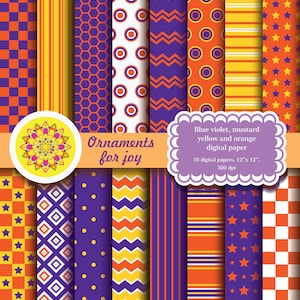 Blue violet, mustard yellow, orange, digital scrapbook papers, polka dots, checker, chevron, stars, stripes, honeycomb, printable paper