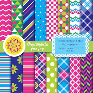 May include: A set of 16 digital papers featuring various patterns in green, pink, and blue. The patterns include stripes, polka dots, checkered, and geometric designs. The papers are 12 inches by 12 inches and 300 dpi.