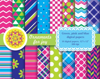 Juicy,colorful, bright color digital papers,lime green,navy blue,sky blue,hot pink digital papers,plaid,chevron,polka dots,triangles,stripes