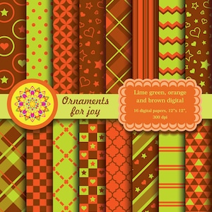 May include: Set of 16 digital papers featuring lime green, orange, and brown geometric patterns. The patterns include hearts, stars, circles, squares, and triangles. The papers are 12 inches by 12 inches and 300 dpi.