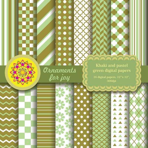 Earth tones green digital papers, green and khaki, olive green digital papers, quatrefoil, checker, chevron, scales, herrinbgbone, argyle