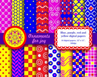 Neon,bright color,colorful,blue,yellow,scarlet red,magenta,scrapbook papers,swoosh,swish,swirl,lines,polka dots,waves,checker,scales,circles