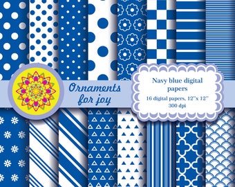Bright blue scrapbook papers,navy blue digital scrapbook paper, Navy blue patterns, stripes, quatrefoil, triangles,scales,polka dots,checker